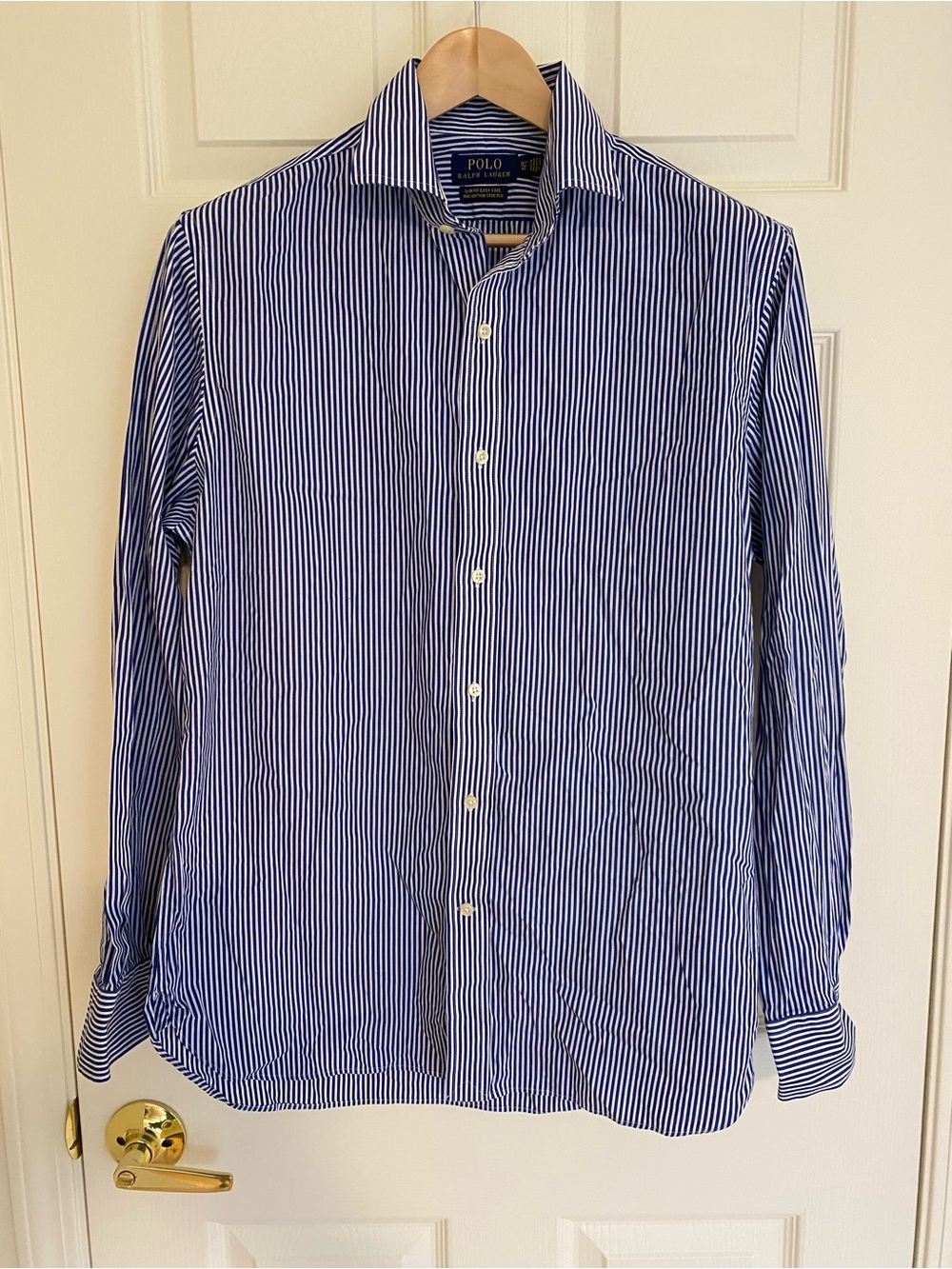 Ralph Lauren Men's Blue and White Vertical Stripe Dress Shirt